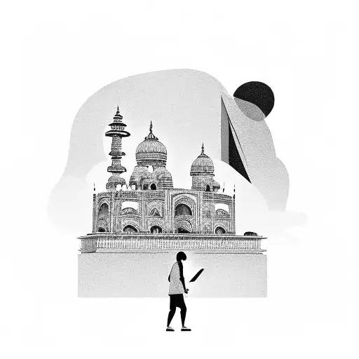 A silhouette of a traveler reading a book in front of a stunning Indian temple tattoo design idea