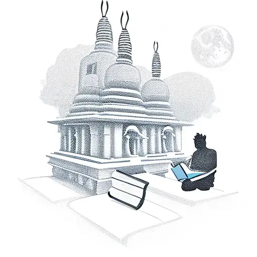 A silhouette of a traveler reading a book in front of a stunning Indian temple tattoo design idea