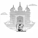 A silhouette of a traveler reading a book in front of a stunning Indian temple tattoo design idea