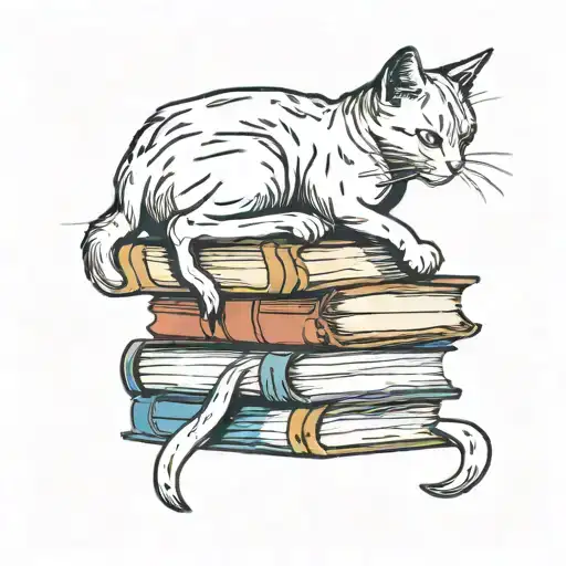 A stack of books with a subtle silhouette of a cat resting on top tattoo design idea