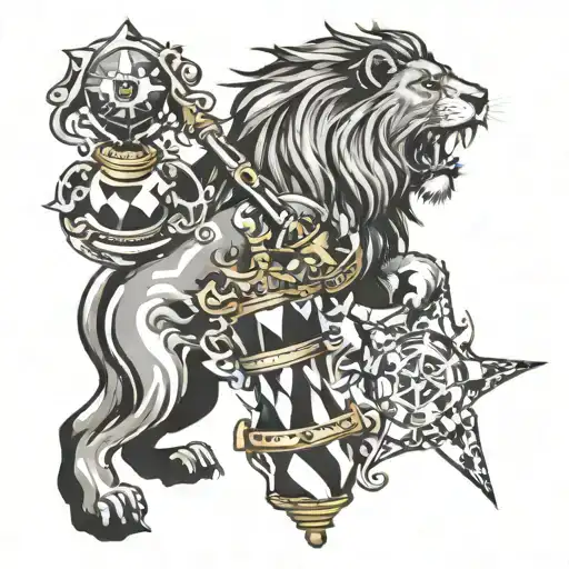 combine double edged sword, fountain pen, chess king and a lion into a tattoo for fore arm tattoo design idea
