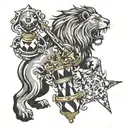 combine double edged sword, fountain pen, chess king and a lion into a tattoo for fore arm tattoo design idea