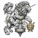 combine double edged sword, fountain pen, chess king and a lion into a tattoo for fore arm tattoo design idea