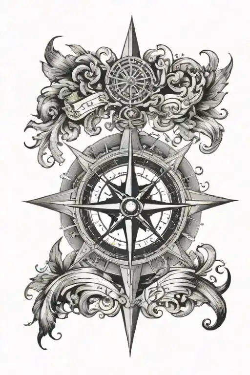 A black-grey tattoo of a compass rose with intricate nautical elements, symbolizing a love for the sea and exploration tattoo design idea