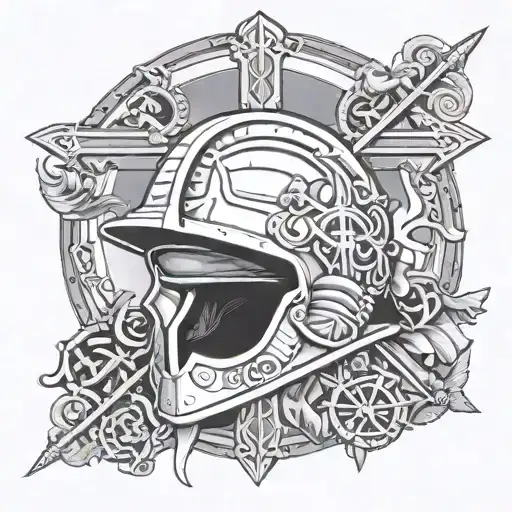 Combine a Roman helmet with a Christian cross surrounded by marine-themed elements tattoo design idea