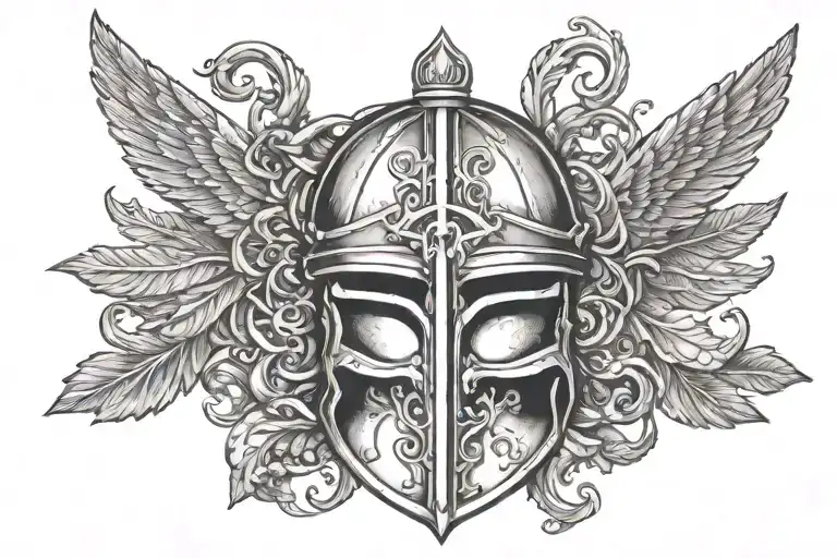 Combine a Roman helmet with a Christian cross surrounded by marine-themed elements tattoo design idea