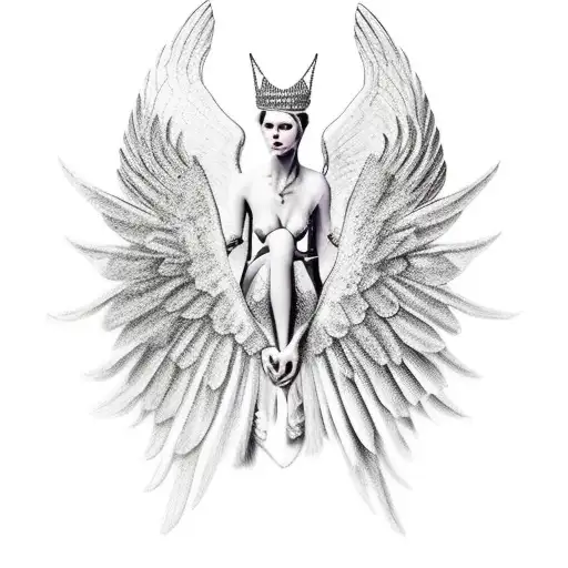 talons grapping onto traps going down the back of broken angel wings with a crown int he middle tattoo design idea