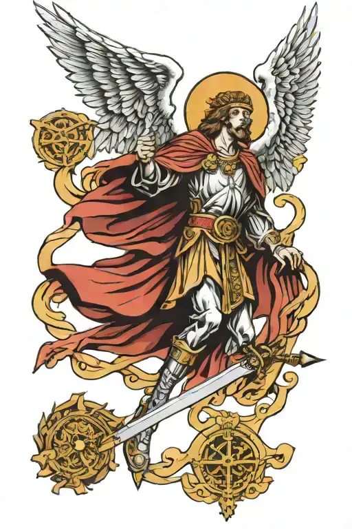 Archangel with sword and Saint Benedict medal tattoo design idea