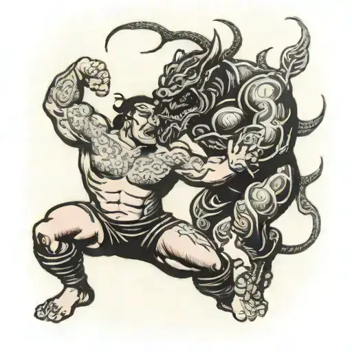 A wrestler grappling with a mythical creature tattoo design idea