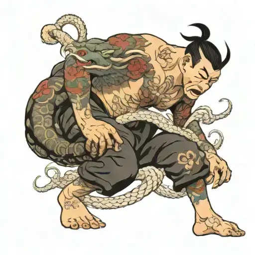 A wrestler grappling with a mythical creature tattoo design idea