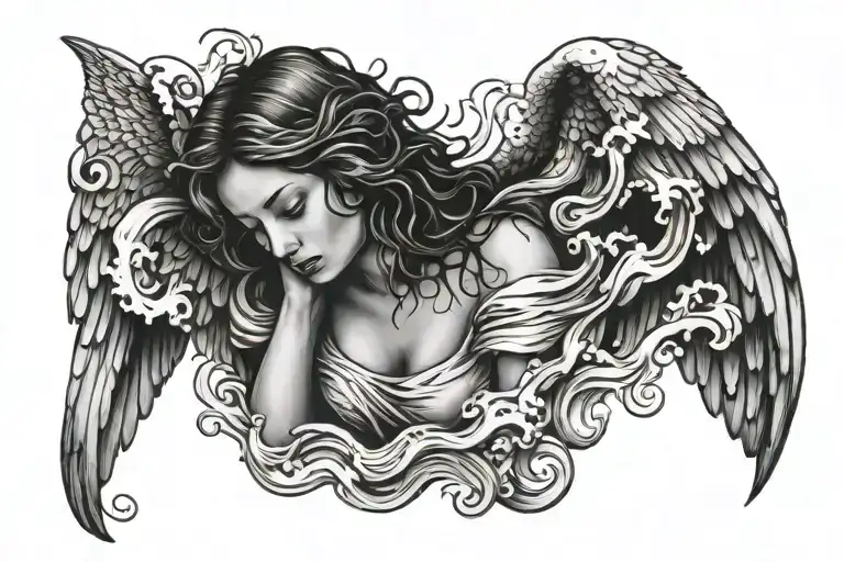 angel crying into water flowing tattoo design idea