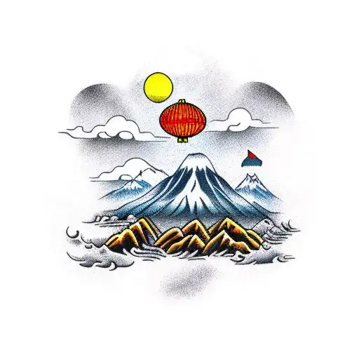 chinese tiger sitting on a beach with volcano in background tattoo design idea