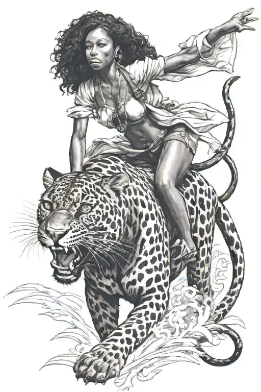 black woman riding a panther   tattoo design idea