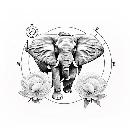 Elephant with a compass and peonies flowers tattoo design idea