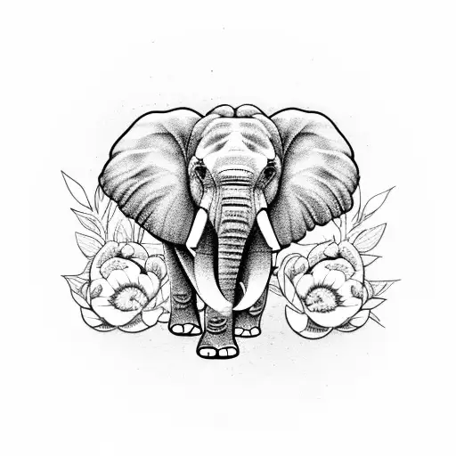 Elephant with a compass and peonies flowers tattoo design idea