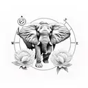 Elephant with a compass and peonies flowers tattoo design idea