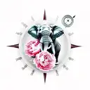Elephant with a compass and peonies flowers tattoo design idea