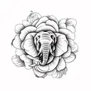 Elephant with a compass and peonies flowers tattoo design idea