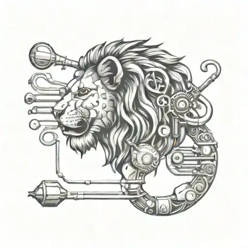 An HVAC system shaped like a lion's head with musical instruments as pipes tattoo design idea