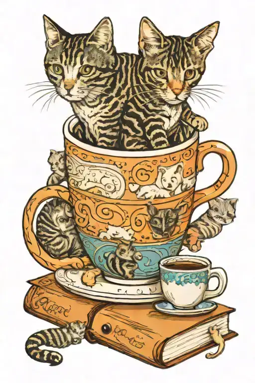 A coffee cup morphing into a book with a crochet pattern cover, surrounded by cats and dogs tattoo design idea