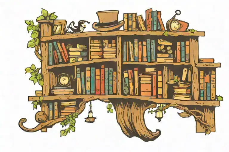 A tattoo of a bookshelf filled with books, each one representing a different aspect of your life including music, crochet, and databases, with family photos scattered throughout. tattoo design idea