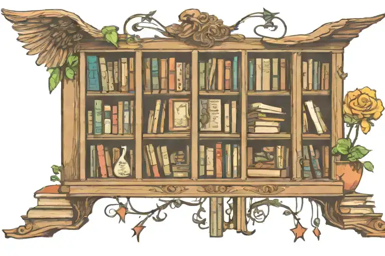 A tattoo of a bookshelf filled with books, each one representing a different aspect of your life including music, crochet, and databases, with family photos scattered throughout. tattoo design idea