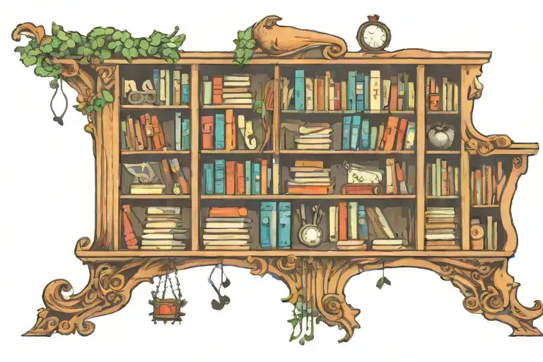 A tattoo of a bookshelf filled with books, each one representing a different aspect of your life including music, crochet, and databases, with family photos scattered throughout. tattoo design idea