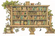A tattoo of a bookshelf filled with books, each one representing a different aspect of your life including music, crochet, and databases, with family photos scattered throughout. tattoo design idea