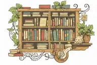 A tattoo of a bookshelf filled with books, each one representing a different aspect of your life including music, crochet, and databases, with family photos scattered throughout. tattoo design idea