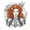 girl with curly red hair in armor tattoo design idea