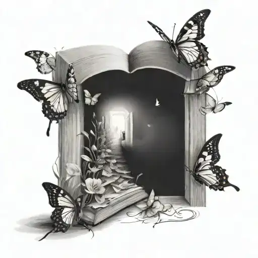 A book with a trail of butterflies leading to a light at the end of a tunnel, symbolizing hope and healing from PTSD tattoo design idea