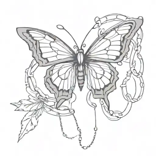 A sketch style tattoo of a butterfly breaking free from chains, symbolizing freedom and healing from past trauma related to PTSD tattoo design idea