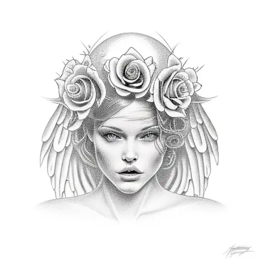 angel with rose tattoo design idea