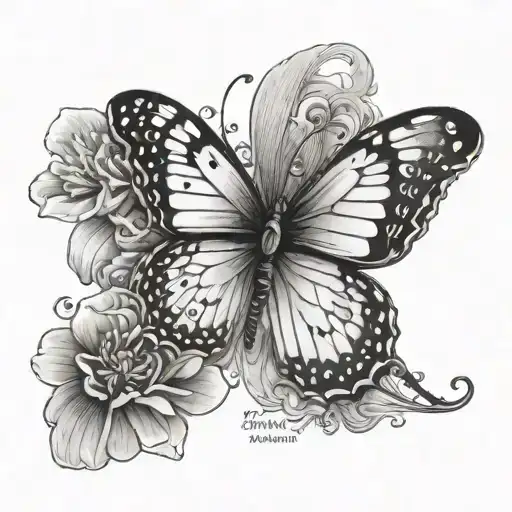 butterfly with name and 2 dates on wings tattoo design idea