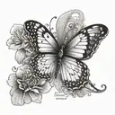 butterfly with name and 2 dates on wings tattoo design idea