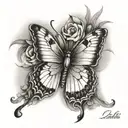 butterfly with name and 2 dates on wings tattoo design idea