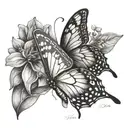 butterfly with name and 2 dates on wings tattoo design idea
