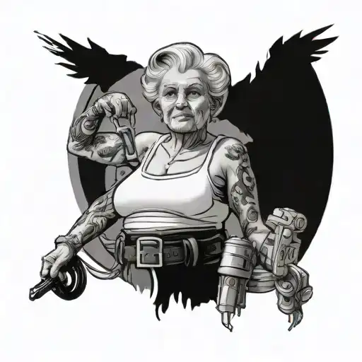 A black-grey tattoo of a stern-looking grandmother in her 70s, holding a belt, showcasing her full height of 150 centimeters tattoo design idea