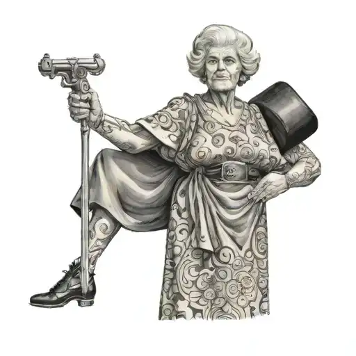 A black-grey tattoo of a stern-looking grandmother in her 70s, holding a belt, showcasing her full height of 150 centimeters tattoo design idea