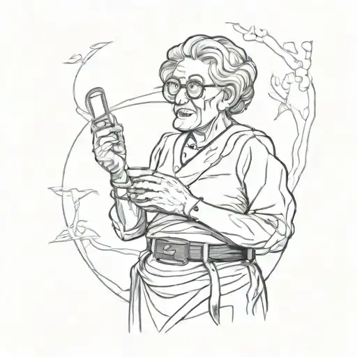 A sketch style tattoo of a grandmother, 70 years old, old, gloomy, with a belt in her hand, in full height, mouth 150  tattoo design idea