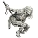 A black-grey tattoo of a stern-looking grandmother in her 70s, holding a belt, showcasing her full height of 150 centimeters tattoo design idea