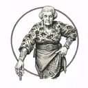 A black-grey tattoo of a stern-looking grandmother in her 70s, holding a belt, showcasing her full height of 150 centimeters tattoo design idea
