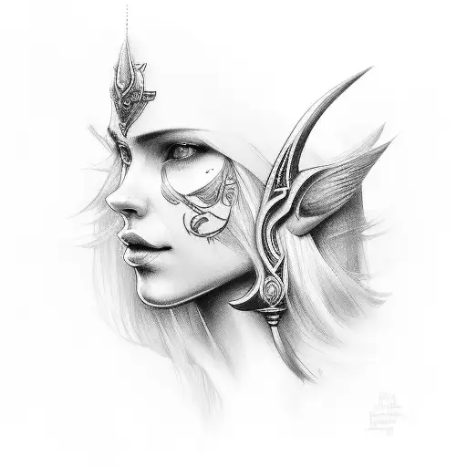 God Freya, face, beautyful face, long braided hair, whispering someting behind her hand tattoo design idea