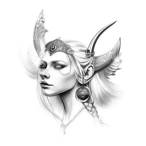 God Freya, face, beautyful face, nordic, valhalla, tattoo arm, braided hair, no jewelery tattoo design idea