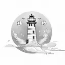 a lighthouse with a phoenix and 2 clocks as well as a lightning bolt a ship and a black telephone cord tattoo design idea