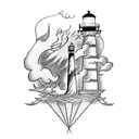 a lighthouse with a phoenix and 2 clocks as well as a lightning bolt a ship and a black telephone cord tattoo design idea