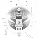 a lighthouse with a phoenix and 2 clocks as well as a lightning bolt a ship and a black telephone cord tattoo design idea