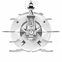 a lighthouse with a phoenix and 2 clocks as well as a lightning bolt a ship and a black telephone cord tattoo design idea