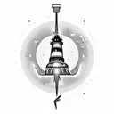 a lighthouse with a phoenix and 2 clocks as well as a lightning bolt a ship and a black telephone cord tattoo design idea