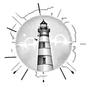 a lighthouse with a phoenix and 2 clocks as well as a lightning bolt a ship and a black telephone cord tattoo design idea